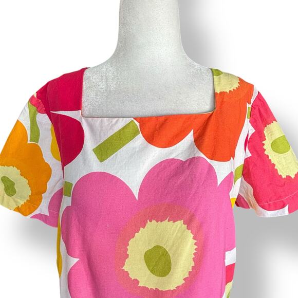 Handmade Mod Floral Square Neck Cotton Top OOAK Pink Orange Yellow Short Sleeve - Picture 3 of 9